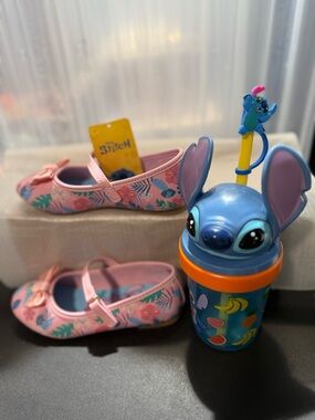 Stitch Kids Cup & Pink Floral Mary Jane Shoes-NWT Size 11 toddler